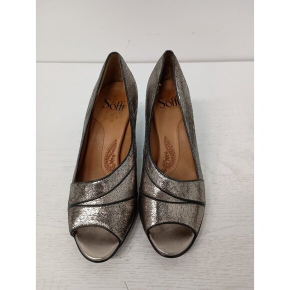 Sofft Womens Heels 6M Silver Pewter Leather Comfort Cone Heel Open Toe Slip On - Picture 3 of 11